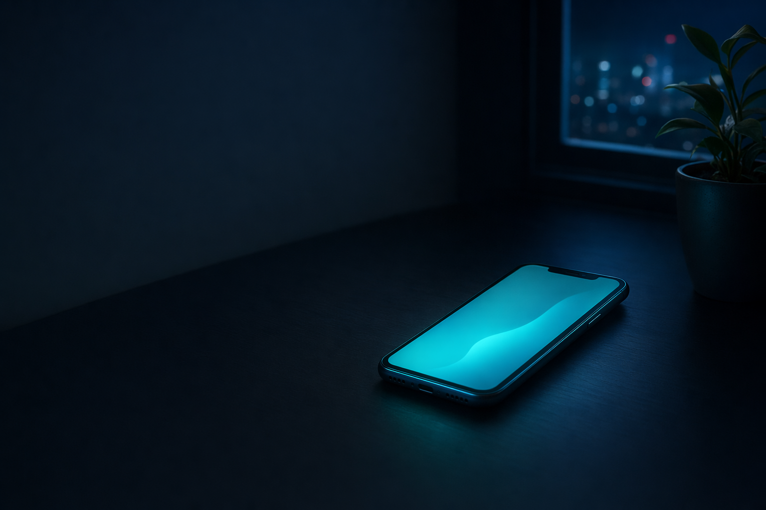 Calm illustration of a phone glowing on a desk at night with a navy and teal beacon, suggesting 24/7 help after an arrest